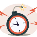 Bomb with burning wick and alarm clock face. Time counting down. Detonator timer. Grenade timepiece. Seconds to detonation. Explosion boom deadline. Minutes countdown. Vector concept