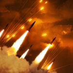 Dramatic night scene of a massive ballistic missile strike. Multiple rockets ascending through thick smoke and fire into a glowing orange sky. Concept of Middle East conflict, war, and escalation.