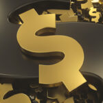 Golden dollar sign on top of black metal plane with a light source in the right side. Abstract currency composition. 3d rendering