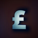 British Pound. Single GBP currency symbol in glossy white bluish metallic on a dark background.
