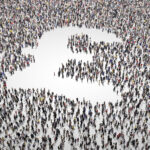 Crowd of people gathering and leaving out a GBP symbol