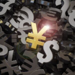 Golden yuan symbol among other currency symbols. 3d illustration.