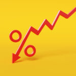 Red down zigzag arrow forming a percentage sign in a yellow background. Illustration of the concept of interest rate fall