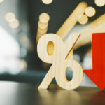 Percentage model and down arrow with evening sky Key concepts for success, methods, systems of raising or lowering Fed interest rates to correct inflation concepts.