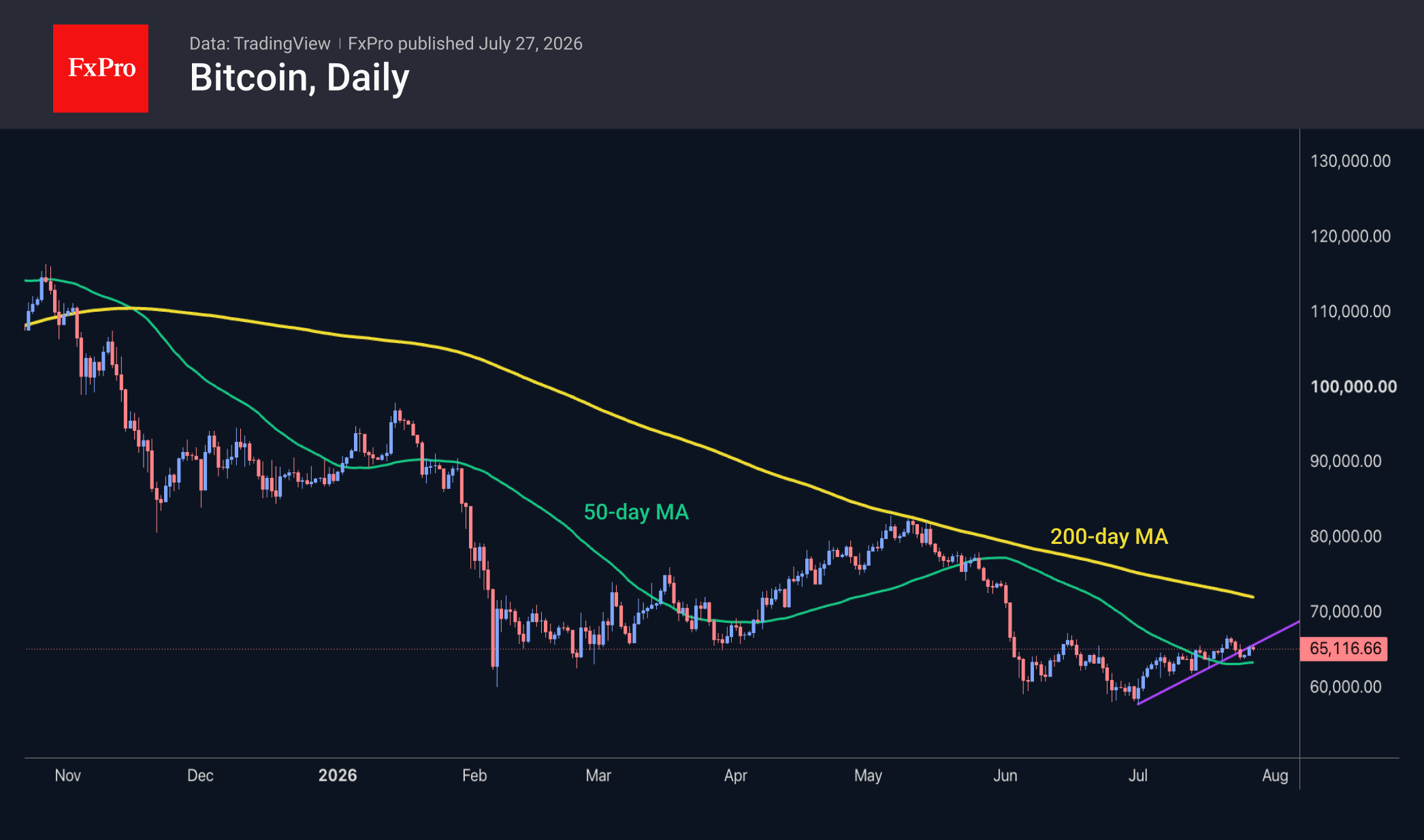 Fig. 1. Bitcoin has resumed its upward trend following the sell-off at the end of the week.