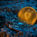 Mining crypto currency – Ethereum. Online money coin in the dirt ground. Digital currency, block chain market, online business