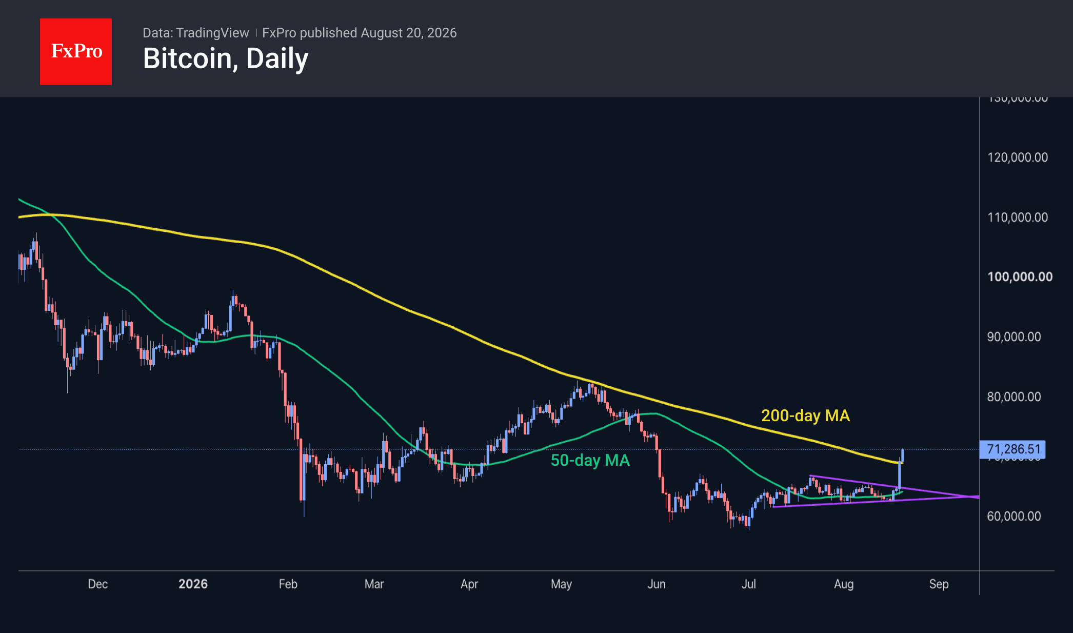 Fig. 1. Bitcoin has broken out of its consolidation range, possibly marking the start of a bull market.